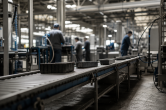 Trabalhadores em uma linha de produção industrial durante desaceleração da economia brasileira