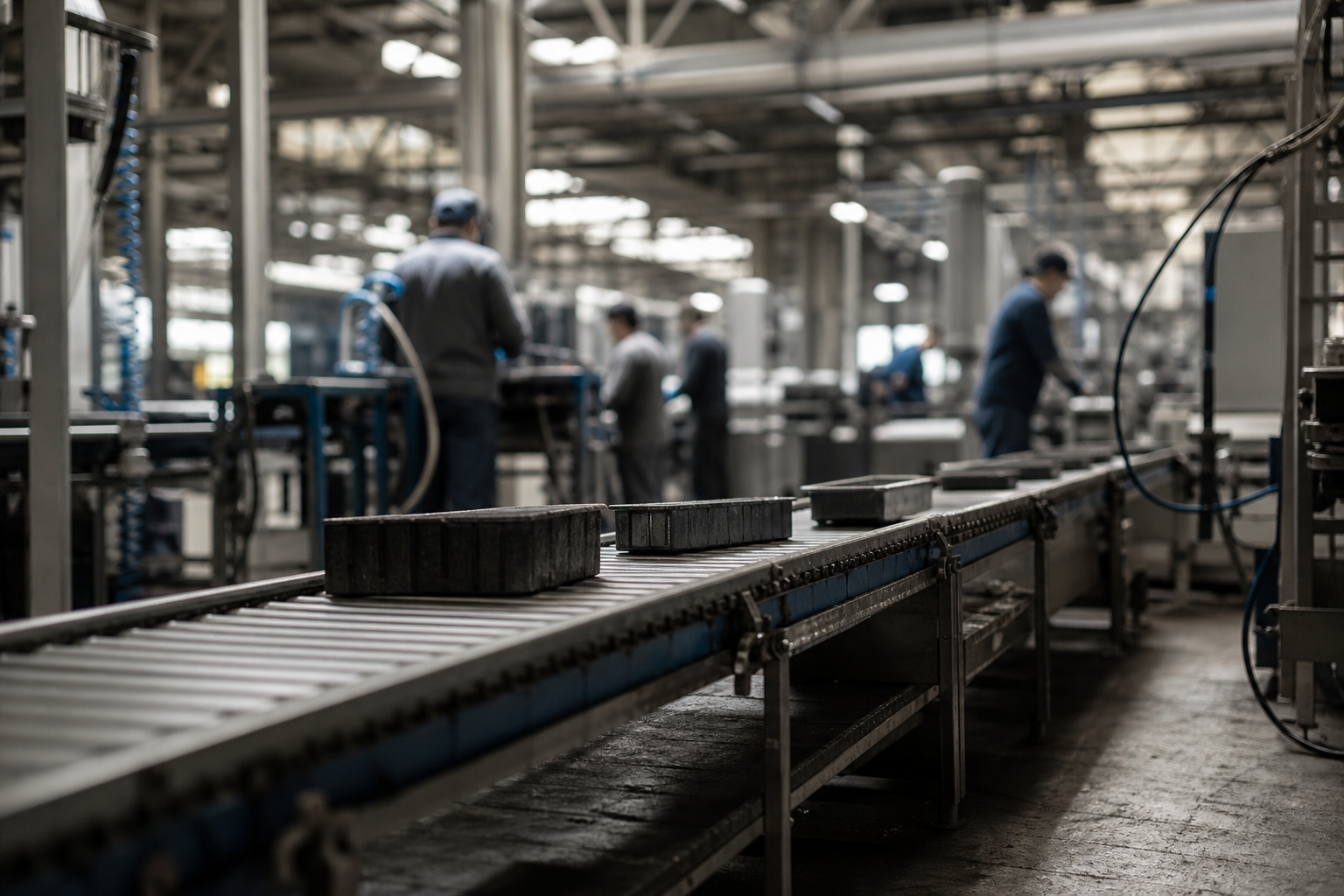 Trabalhadores em uma linha de produção industrial durante desaceleração da economia brasileira