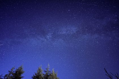 Meteoro riscando o céu estrelado acima da silhueta de uma floresta.
