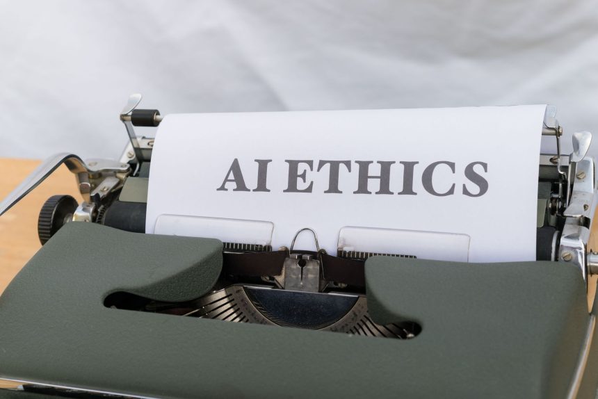Máquina de escrever antiga com as palavras “AI ETHICS” datilografadas em uma folha de papel.